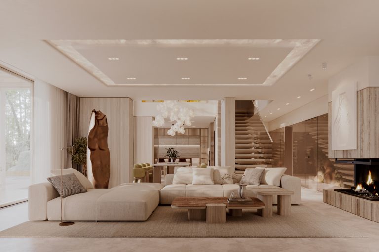Kruhlyk Residence interior — quiet luxury living room with travertine and oak veneer by UNY Studio