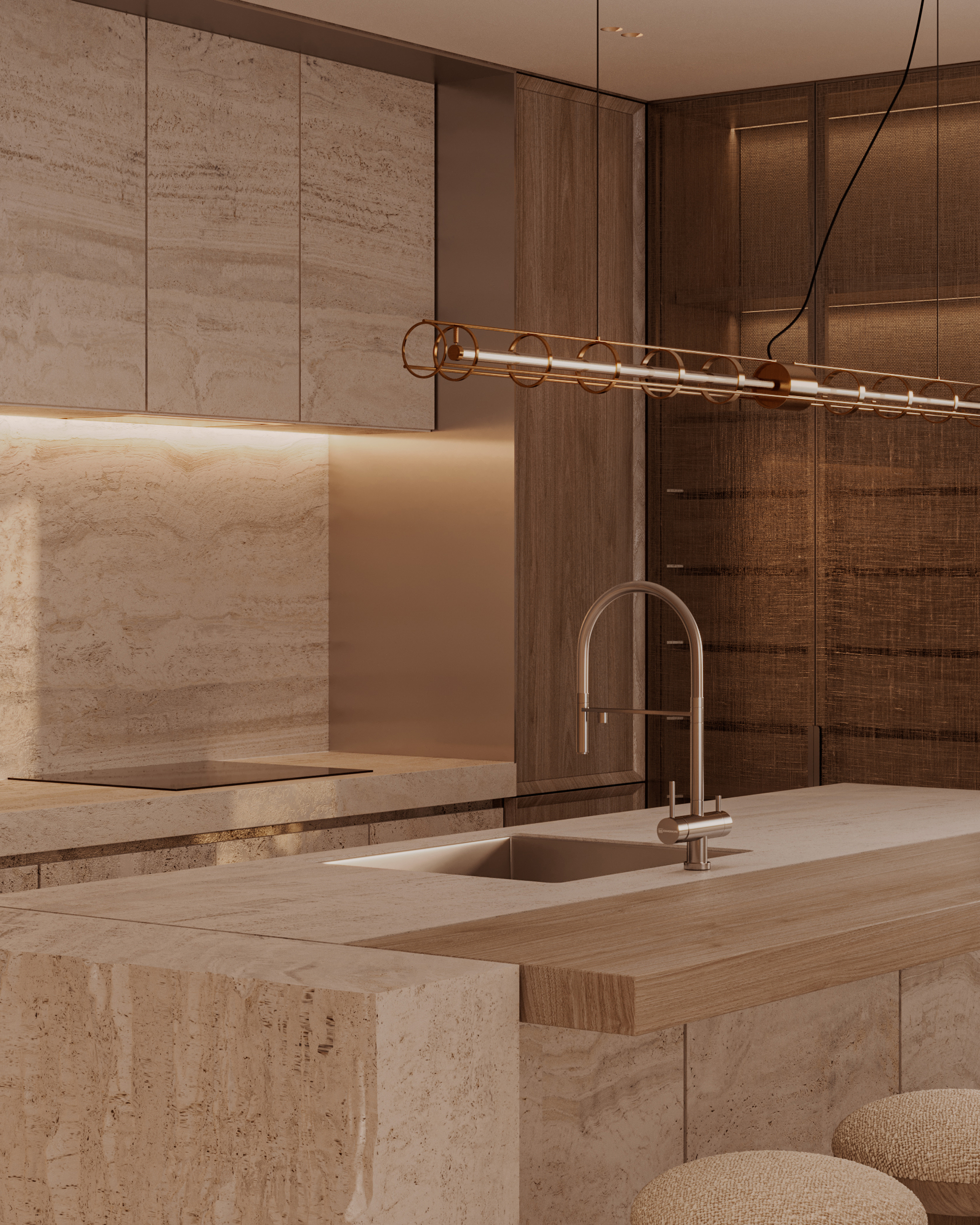 Princesse Grâce Residence - Kitchen Detail Brass Shelving | UNY Studio