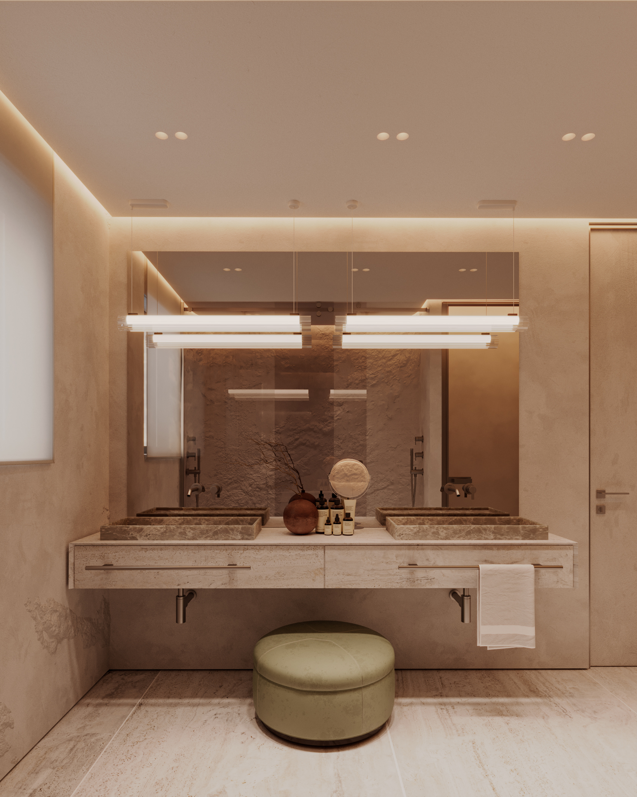 Princesse Grâce Residence - Kitchen Island Travertine Detail | UNY Studio