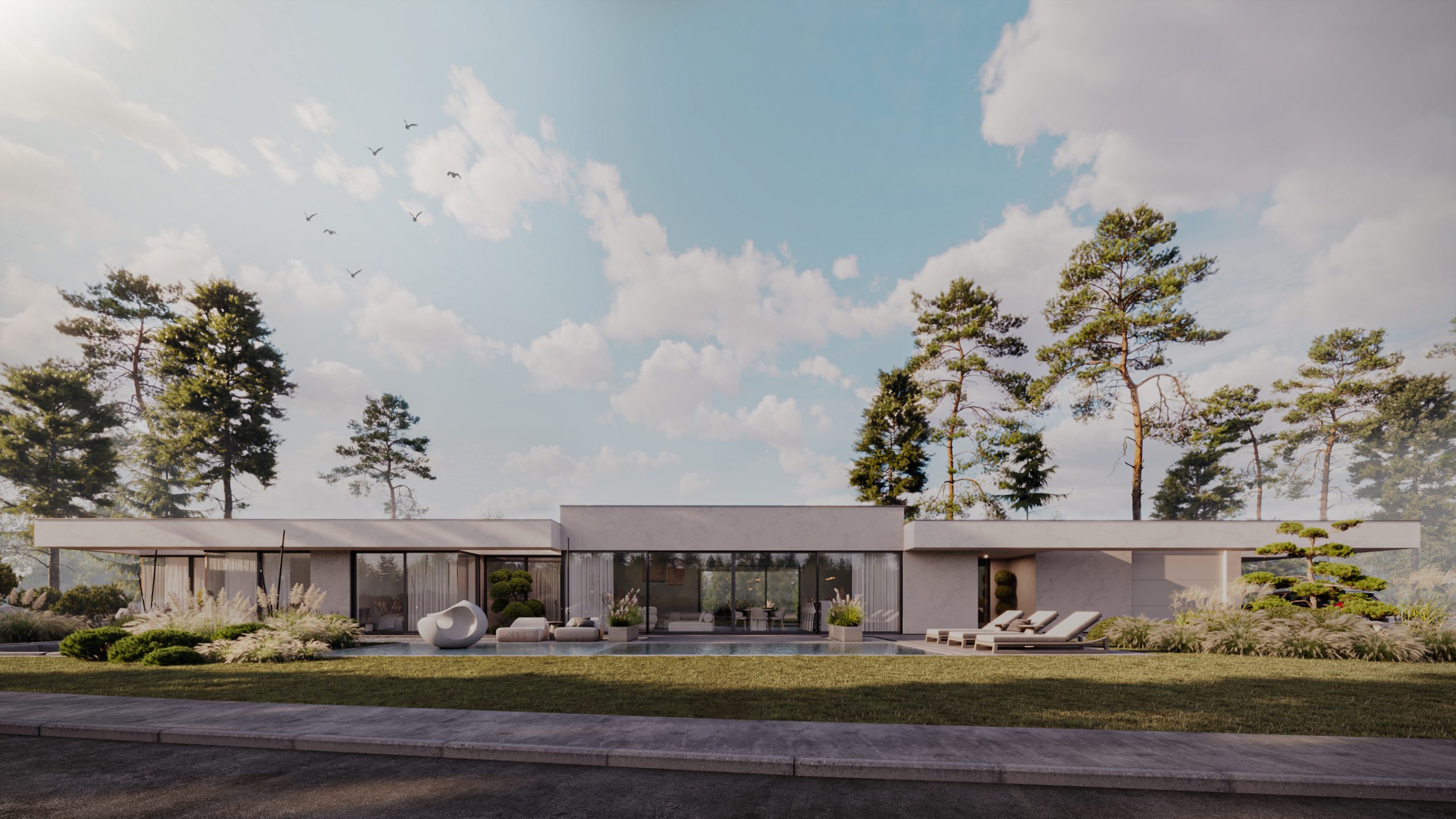 Diamond Villa RD1, wide street-facing view of the low-profile house