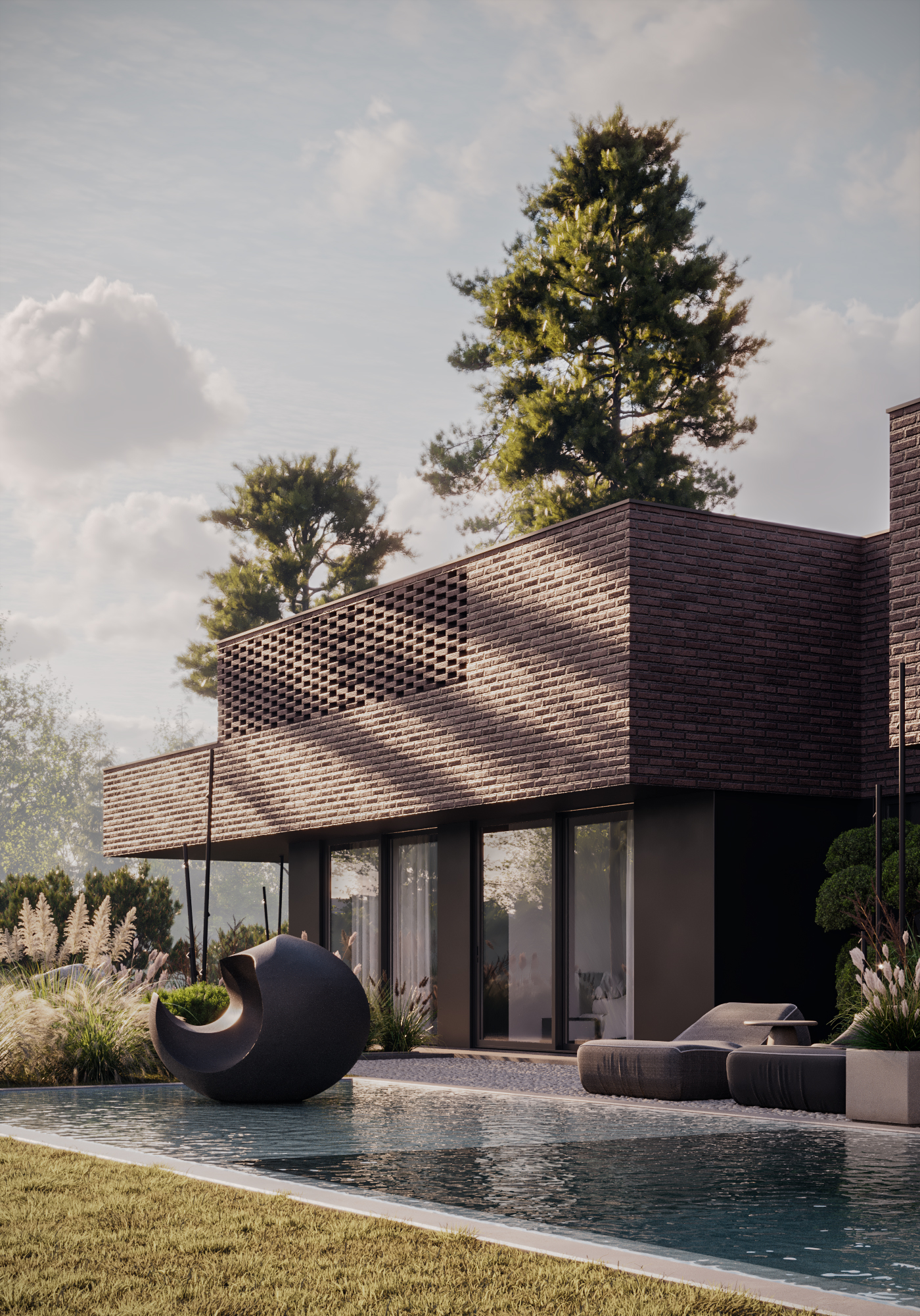 Diamond Villa RD1, dark clinker brick design variation with pool terrace